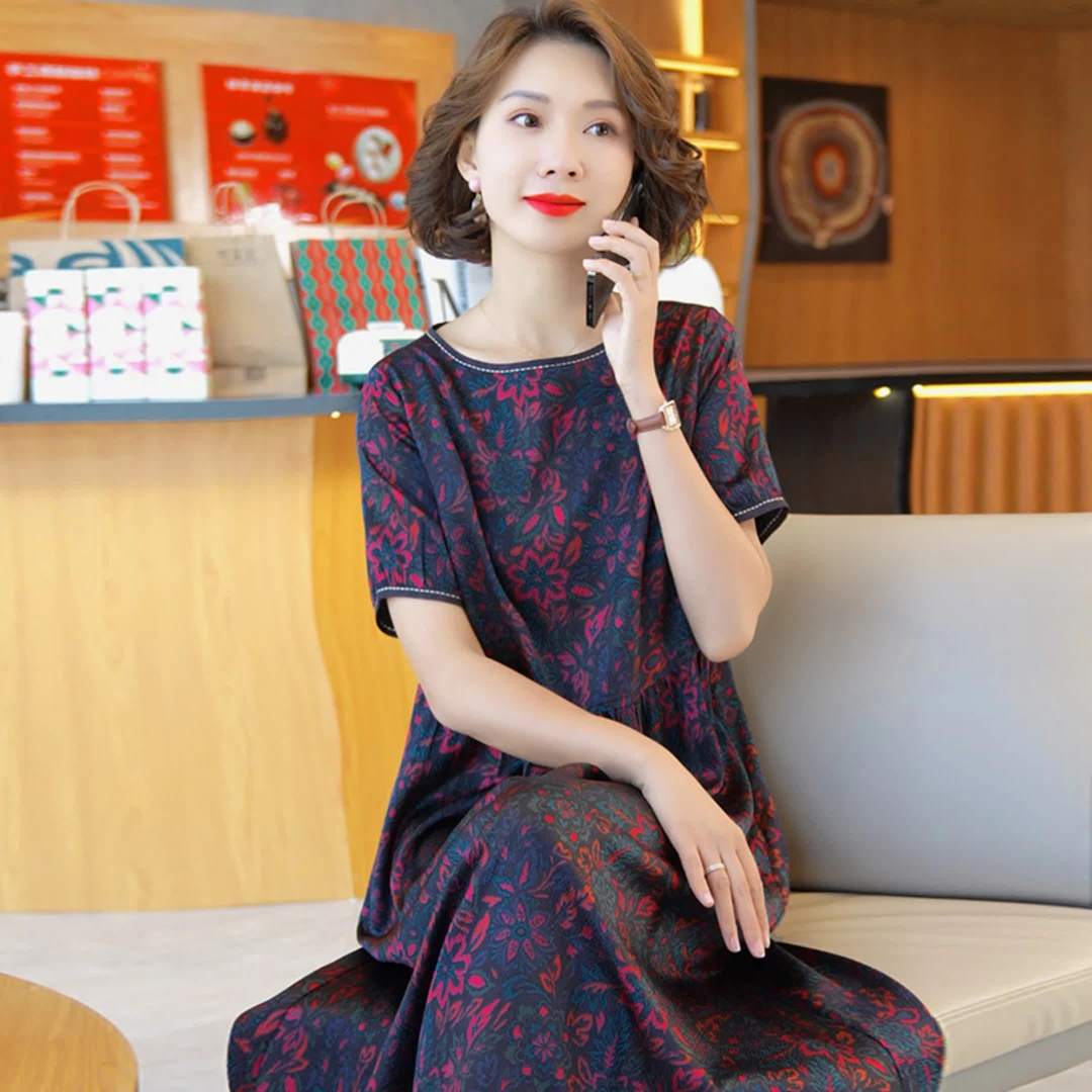 【生花妙语】真丝杭州高端连衣裙女夏2024新款桑蚕丝时尚妈妈气质