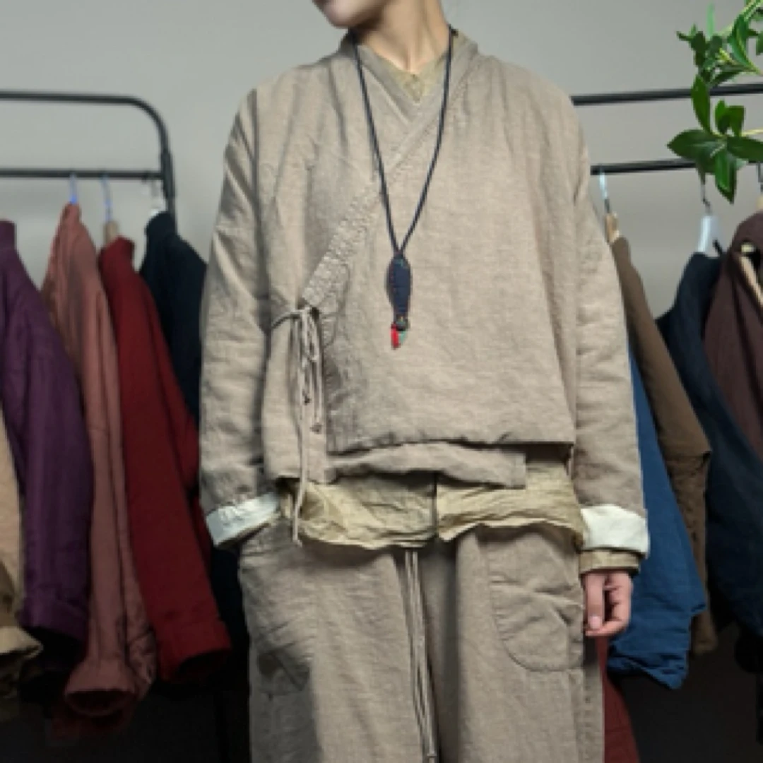 纯衣不染/原创设计/纯一/复古百搭休闲天丝苎麻双层斜襟系带开衫