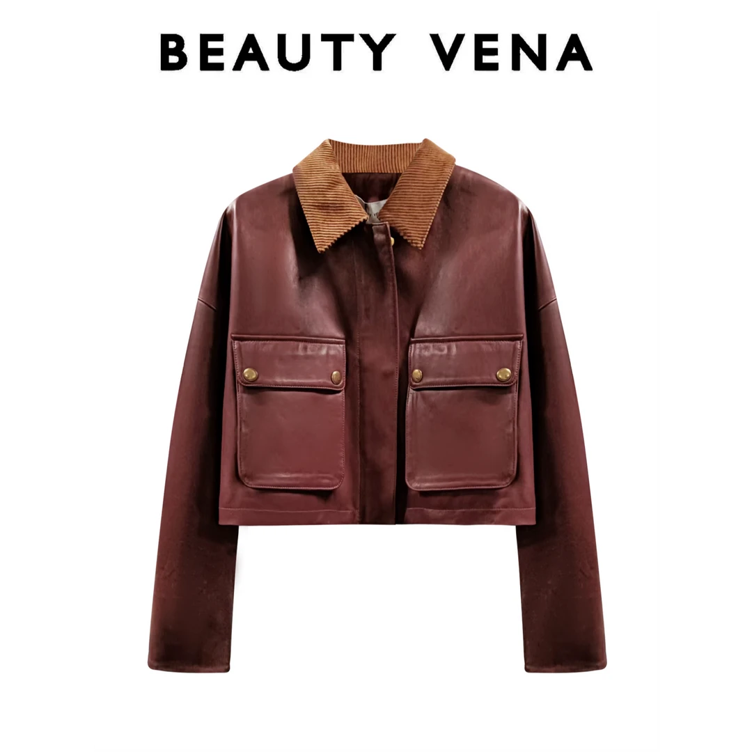 BEAUTY VENA美式复古撞色翻领皮皮外套4WN081