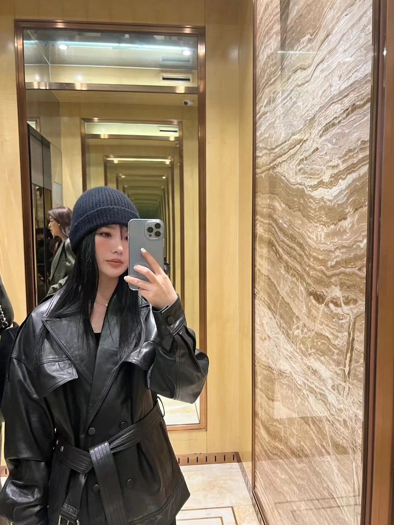 BEAUTY VENA2023AW绵羊皮宽松腰带双排扣内里加棉皮外套BV3WX200