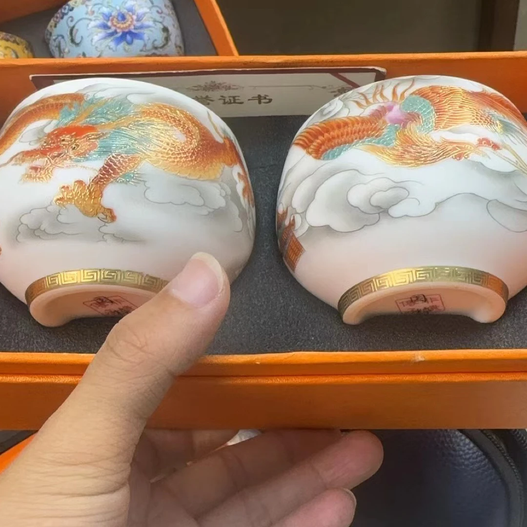 素烧龙凤对杯陶瓷主人杯