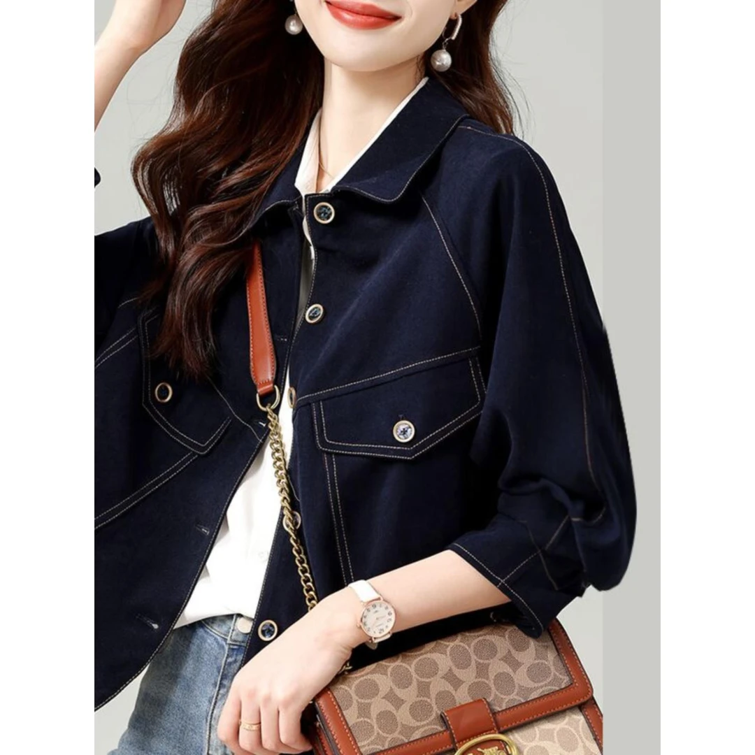 【商场同款】正品春秋款百搭蓝色牛仔短款百搭外套女设计感小众上衣