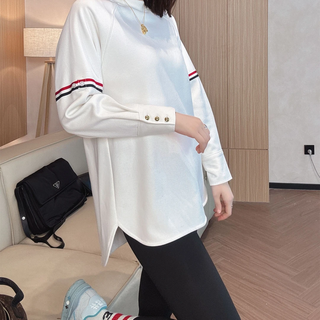 雪姐服饰「加绒织带长袖」加绒衬衫袖金色扣子织带打底T恤休闲上衣