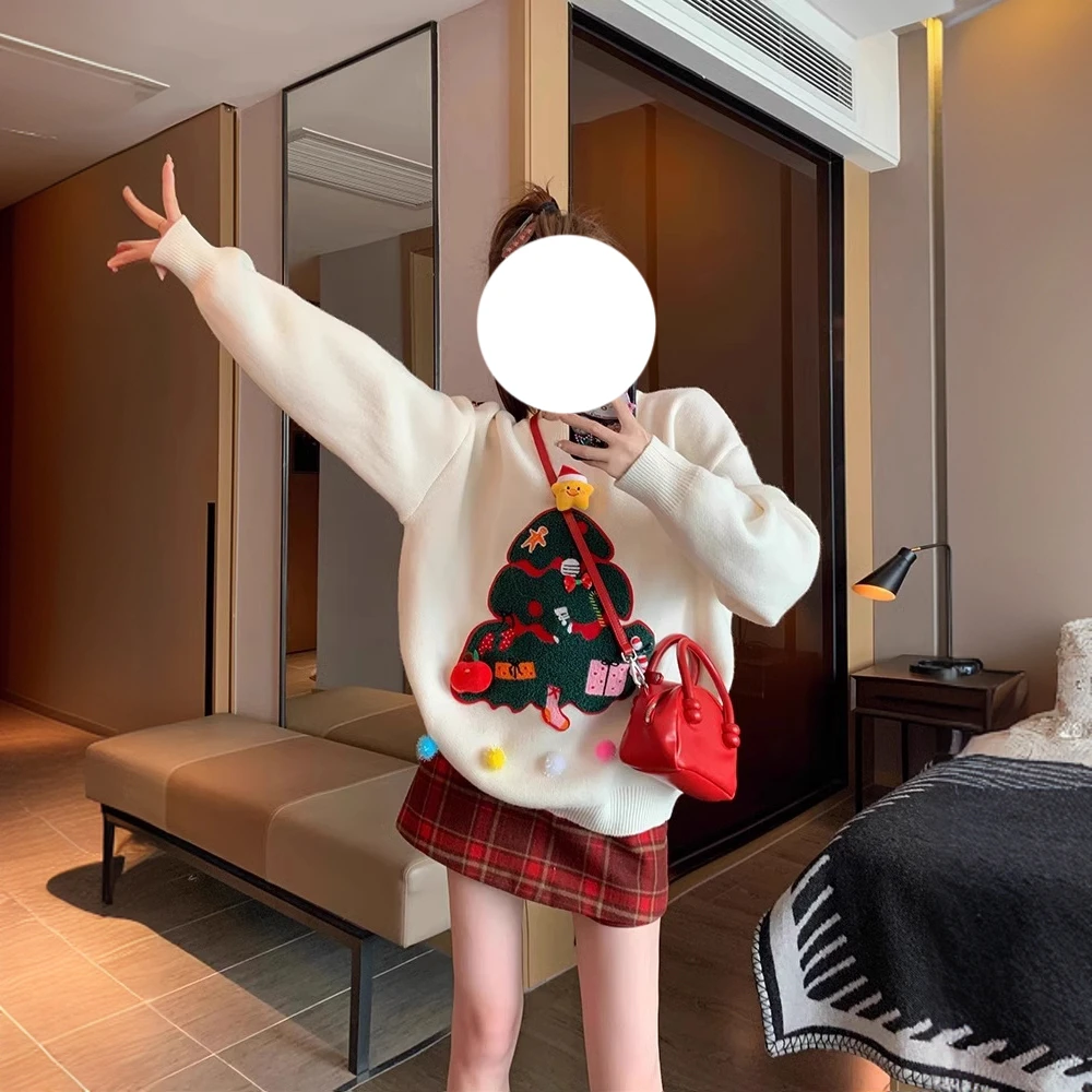 圆领圣诞毛衣女2024新款冬季设计感小众奶fufu慵懒风减龄针织衫