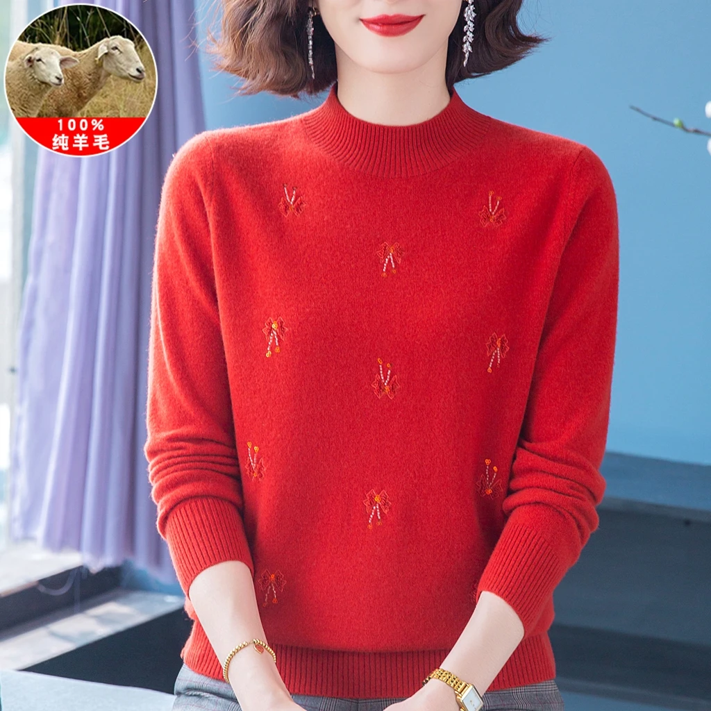100%纯羊毛半高领针织毛衣女秋冬新款中老年妈妈装保暖打底衫上衣