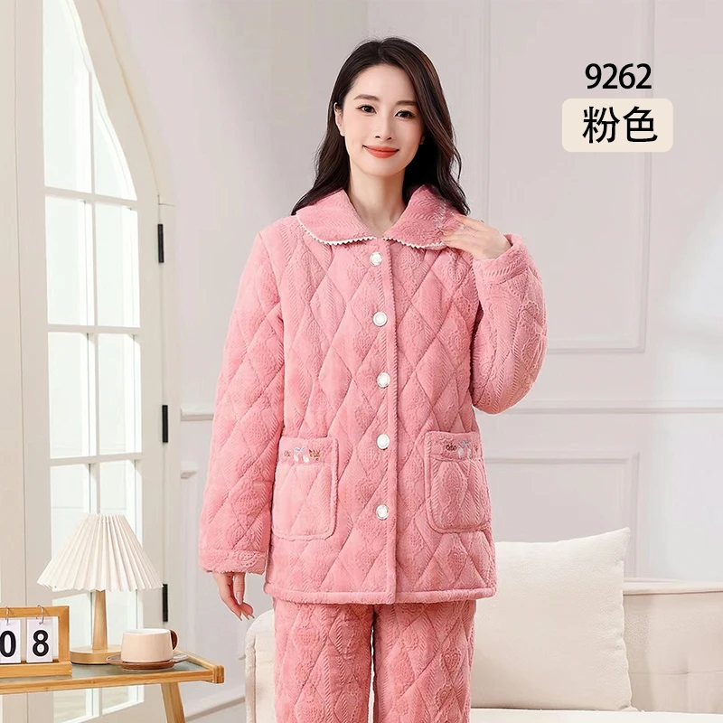 【主播专享】9262G#三层加厚夹棉牛奶绒提花保暖可外穿家居服套装