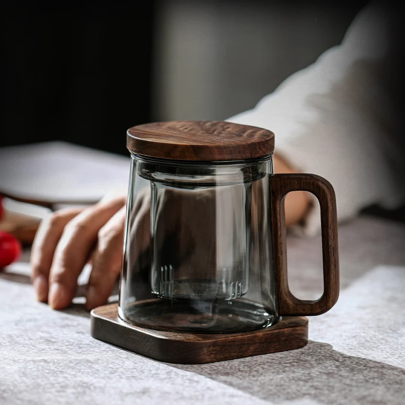 玻璃带盖茶杯个人专用高档男士茶道杯茶水分离带把办公室红茶水杯
