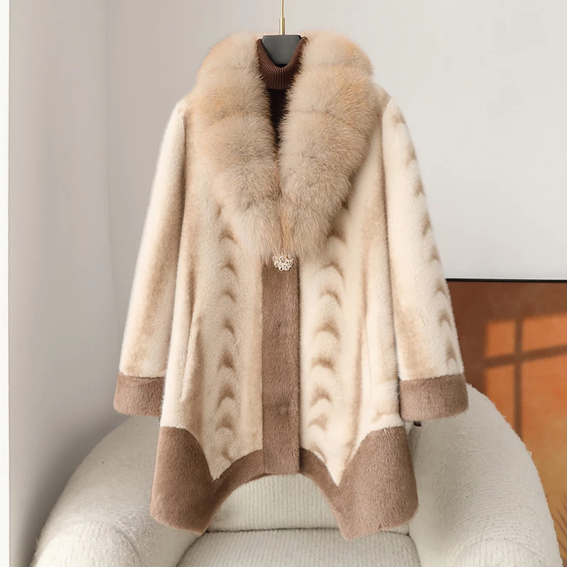 2025海宁环保毛外套高档中老年妈妈冬装仿水貂绒皮草大衣宽松大码