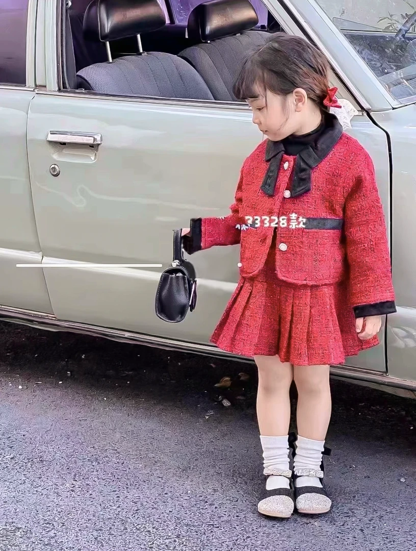 韩版女童装小香风过节套装女孩春秋生日服红色加绒加厚春秋两件套