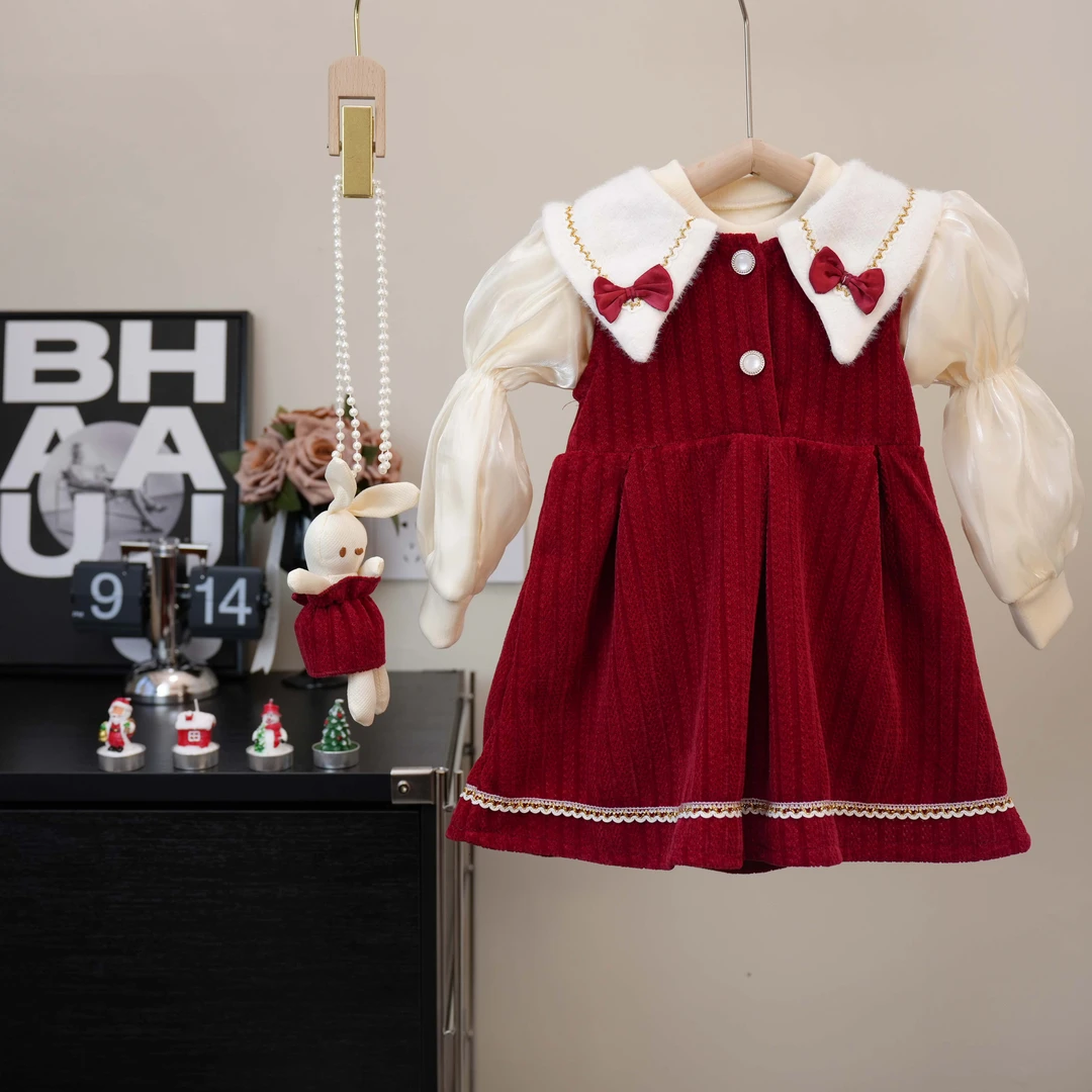 女童红色加绒加厚连衣裙套装春季新款儿童公主裙两件套女宝宝裙子
