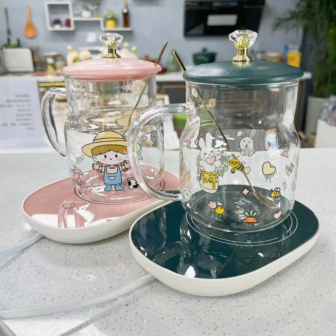 高硼硅耐热玻璃杯小女孩小兔子加热牛奶暖暖杯55度恒温杯垫
