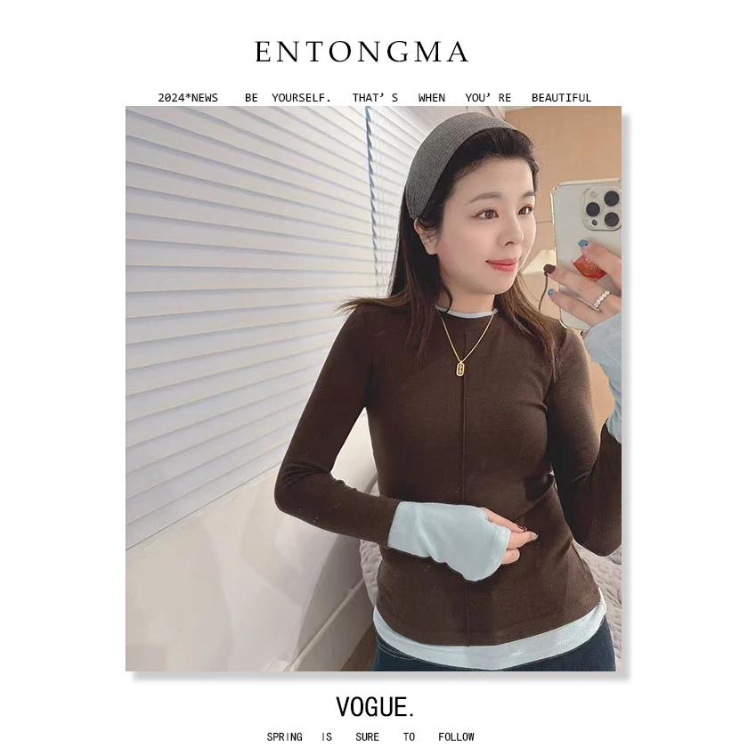 ENMA拼接纯色针织打底长袖上衣显瘦