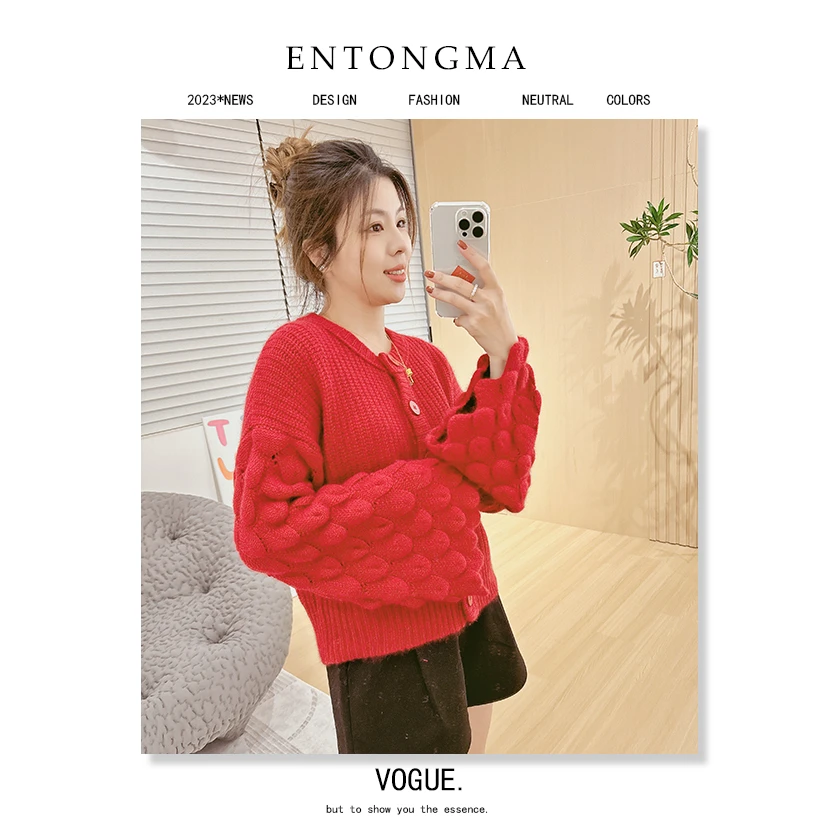 ENMA 时尚百搭红色圆领秋冬毛衣