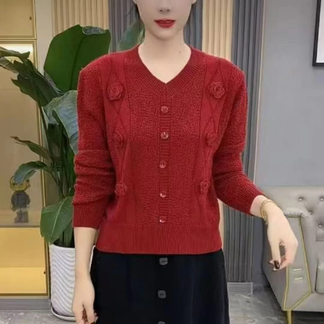 春秋新款短款打底针织衫毛衣宽松洋气时尚妈妈装纯色上衣安可拉红