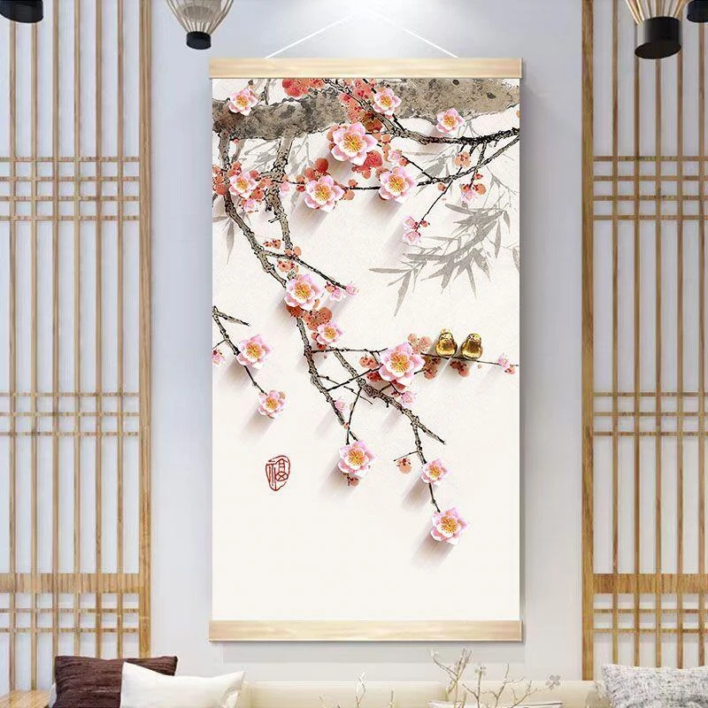 中式梅花入户玄关装饰画走廊过道遮丑挂布画背景墙挂轴墙壁免打孔