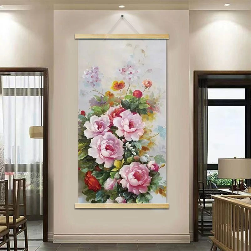 花开富贵客厅挂画装油画玄关家居饰品装饰画家和梅花卷轴实木挂轴