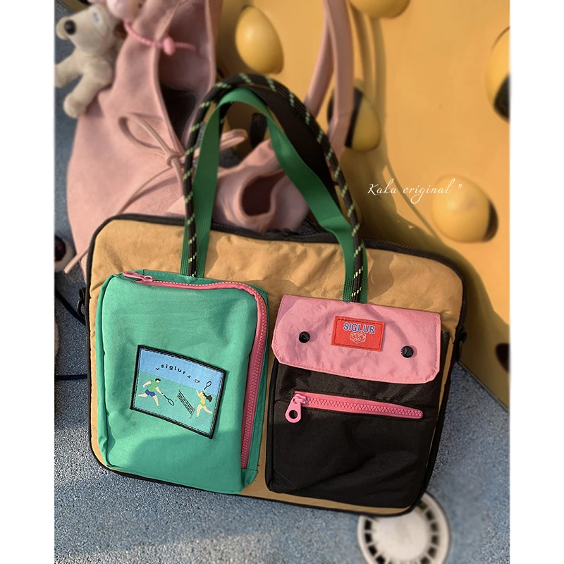 大容量可爱手提包包女2024新款时尚撞色帆布包15.6寸电脑包单肩包