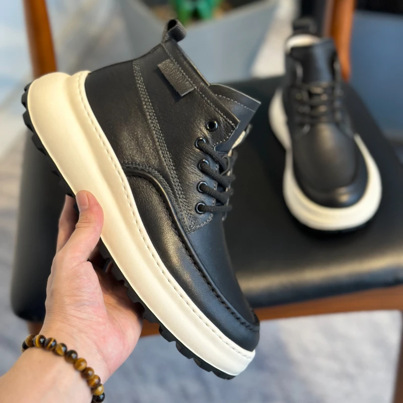 休闲厚底马丁靴男鞋2024秋冬新款百搭厚底增高男士板鞋英伦风真皮