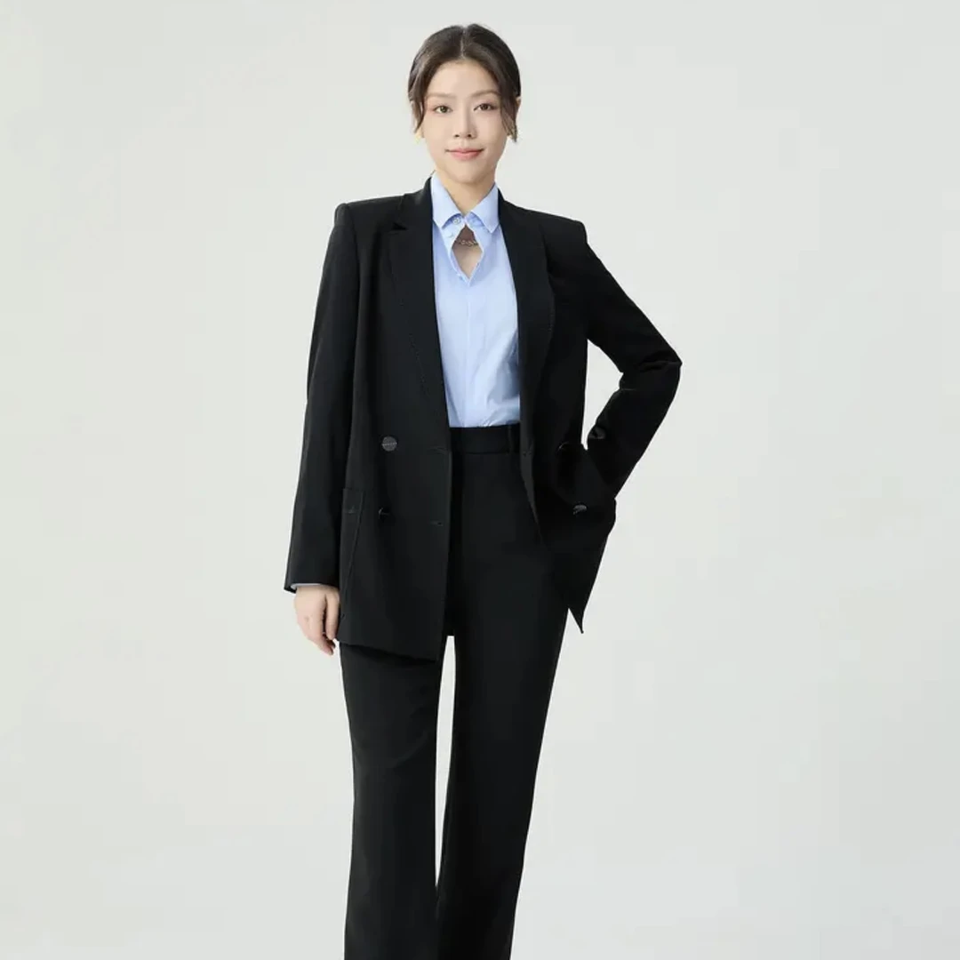 GIRDEAR/哥弟新款黑色经典时尚百搭宽松双排扣长袖西装1400488