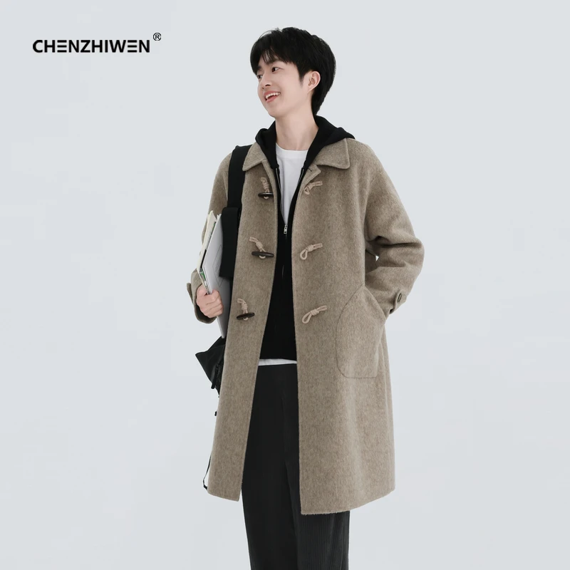 陈智文冬季新款全羊毛双面毛呢牛角扣翻领中长款保暖大衣外套男女