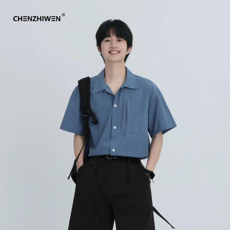 陈智文2024夏季新款高级设计感休闲纯色薄款帅韩版短袖衬衫男