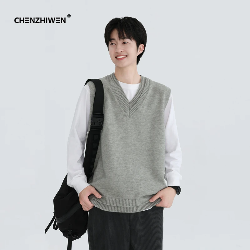 陈智文秋季新款秋冬针织毛衣无袖宽松坎肩叠穿百搭马甲V领背心男