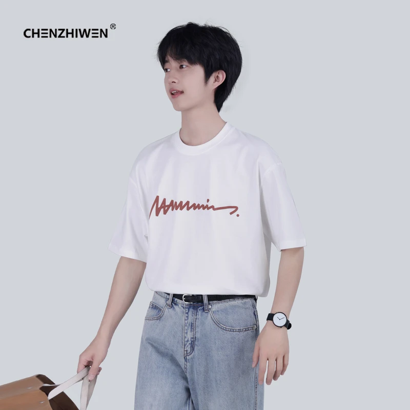 陈智文纯棉短袖t恤男夏季白色体恤简约百搭字母印花半袖打底衫