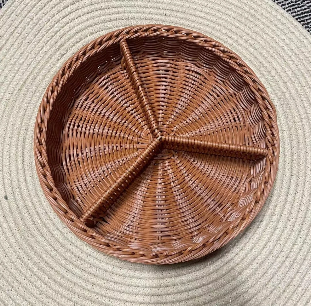 A078棕色圆形收纳三边形轻奢风点心蓝纯手工编织28*7