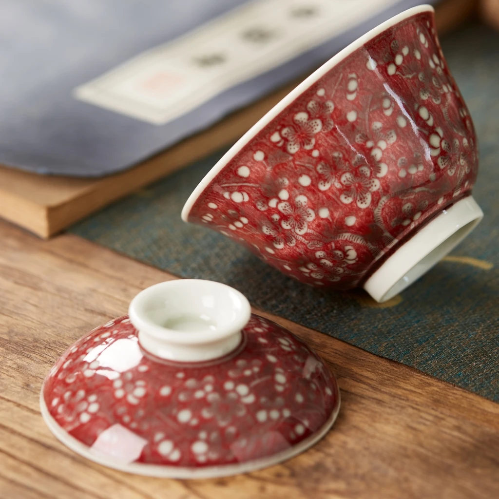 毛仔柴窑釉里红冰梅两才盖碗景德镇个人专用高端泡茶杯茶具品茗杯