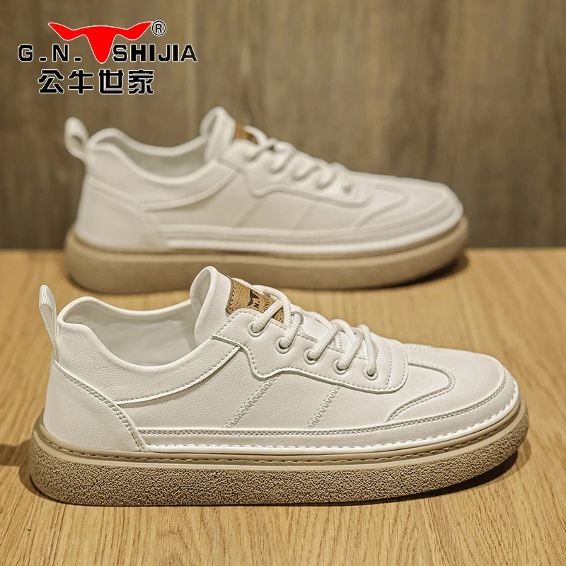 公牛世家小白鞋男2023新款软皮平底板鞋男春夏季休闲百搭工作男鞋