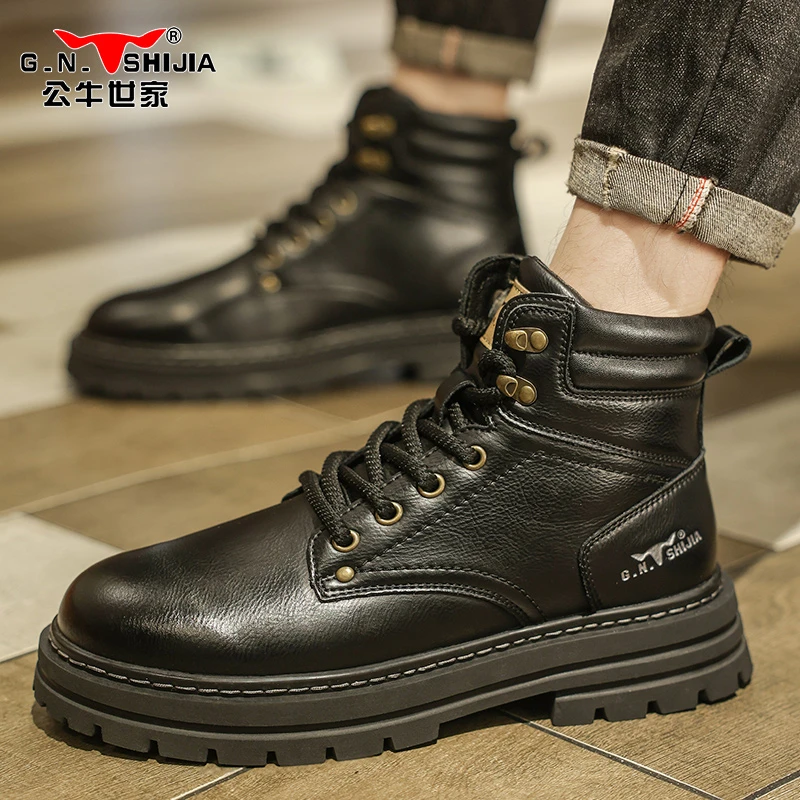 公牛世家马丁靴男士商务高帮秋冬透气户外工装登山中帮工装大黄靴