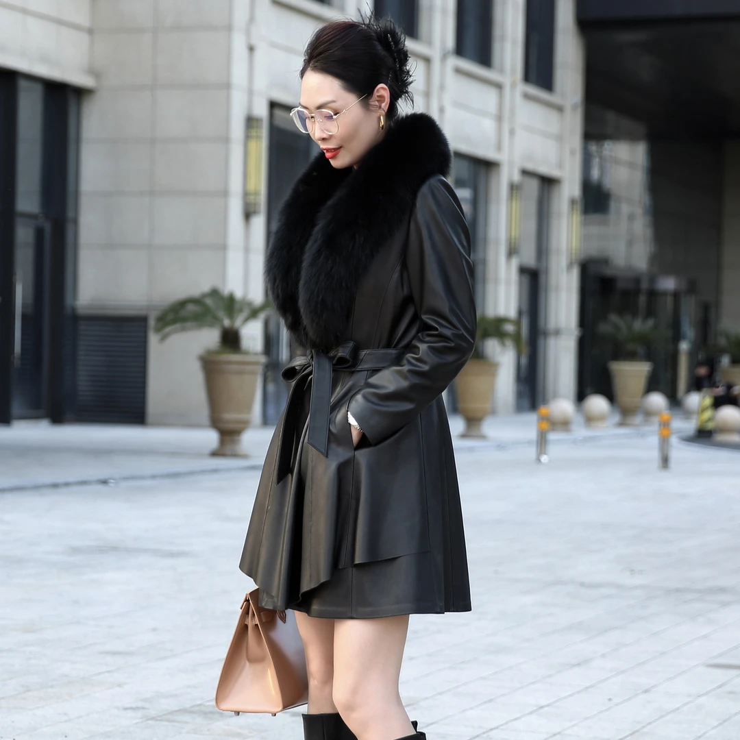 2025秋冬加绒真皮时尚女士外套中长款收腰可脱卸狐狸毛领239971