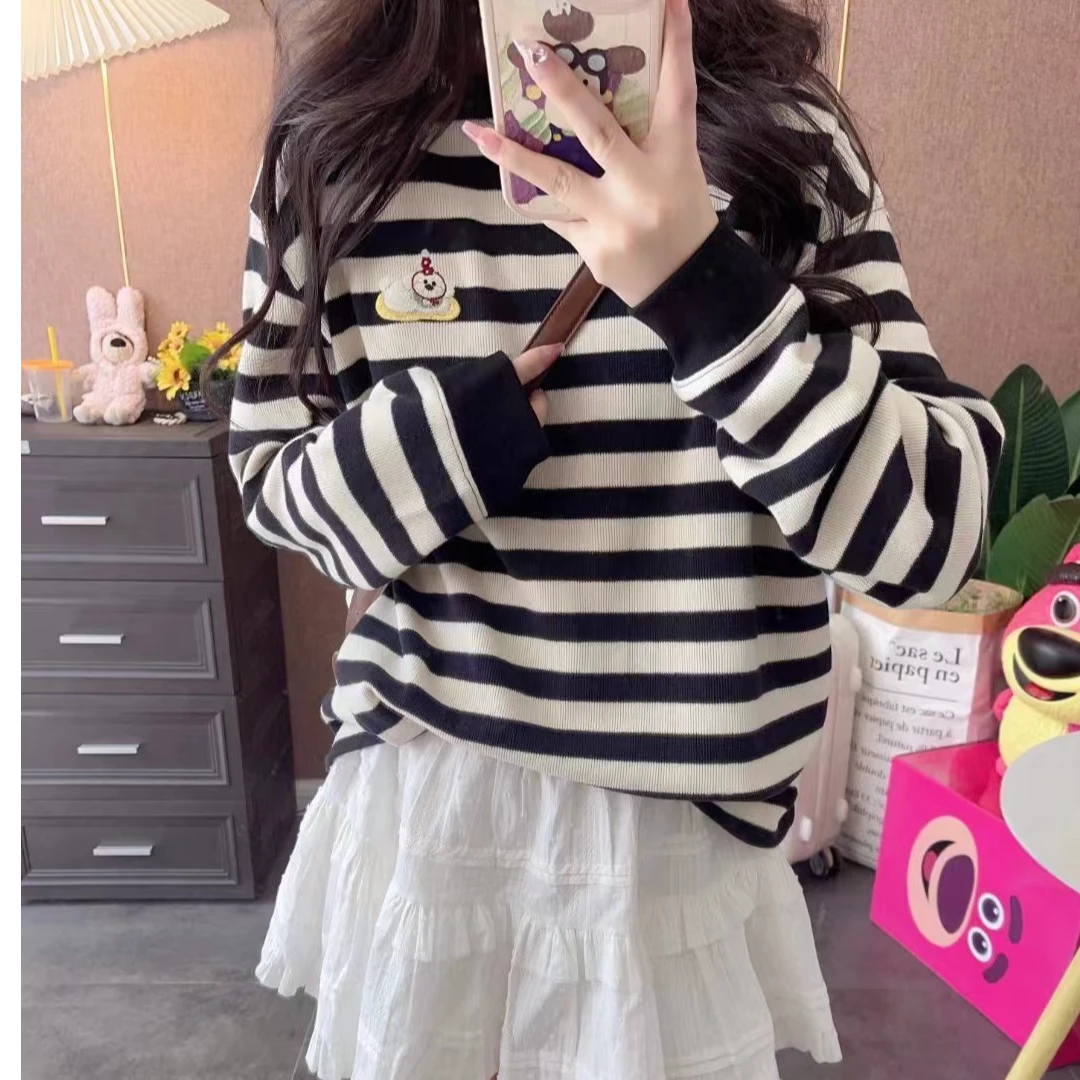 贵宾狗刺绣~（不过时）宽松显瘦条纹对格加厚长袖T恤打底衫1133