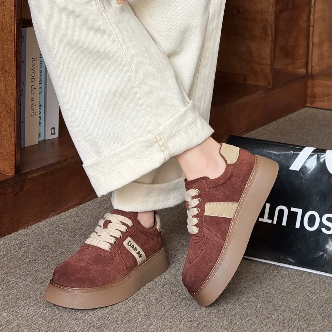 【小张精选】真皮德训鞋女款2024新款厚底经典复古磨砂皮增高