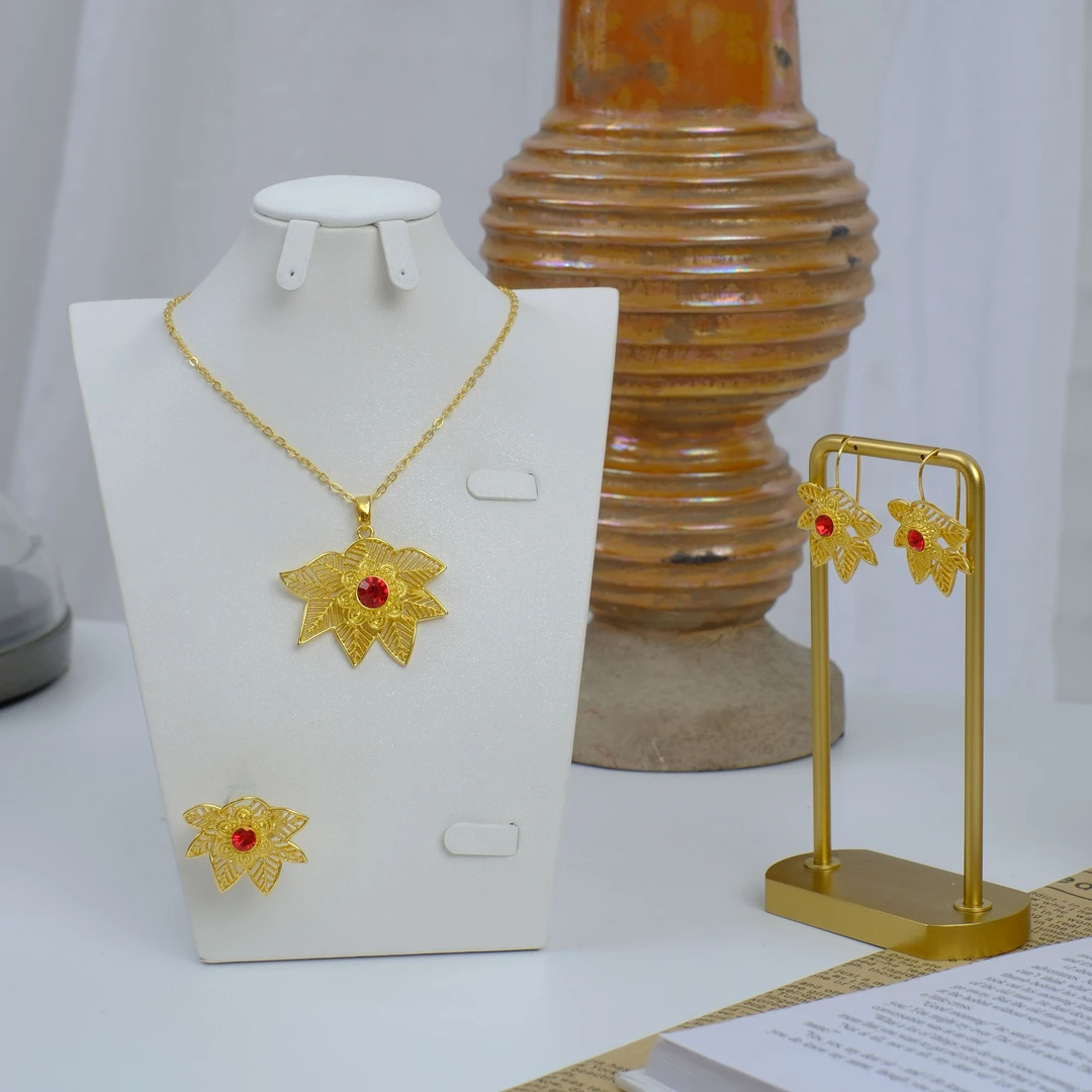 铜合金耳饰  花朵三件套耳环项链戒指套装时尚饰品包邮SJ0006-JMT