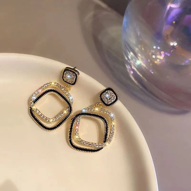 铜合金仿水晶耳饰 R34气质时尚几何形方形耳饰E3651轻奢