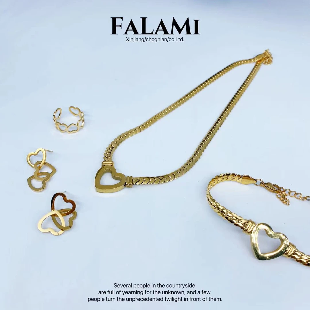 钛钢耳饰  爱心粗链条时尚百搭耳钉手链项链四件套钛钢TGTZ057-LX