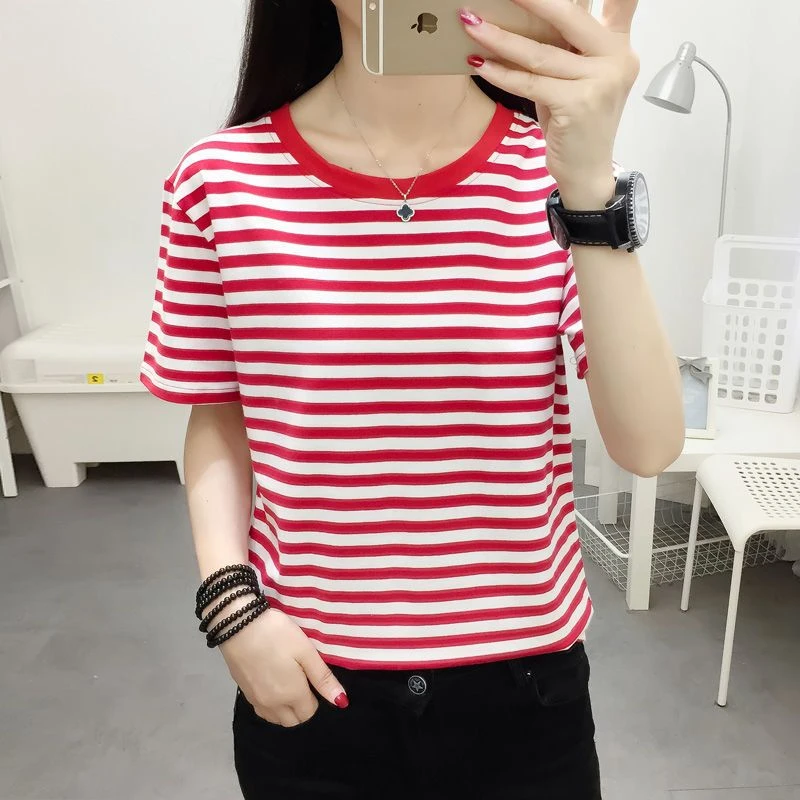 夏装新款时尚红白条纹短袖T恤女宽松显瘦胖mm200斤上衣百搭体恤潮