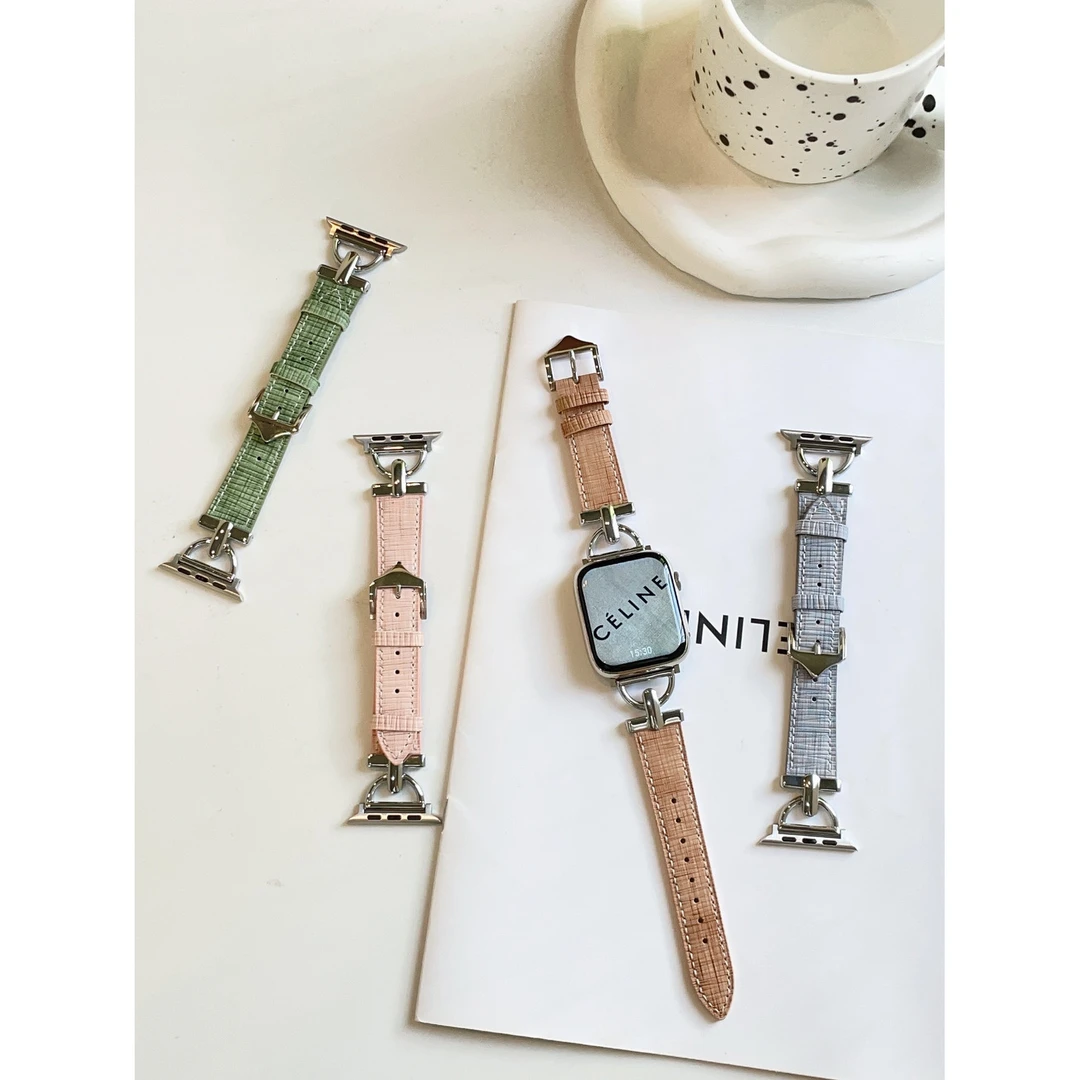 适用苹果S8代真皮女款表带AppleWatch76543/SE代细款金属D字表带