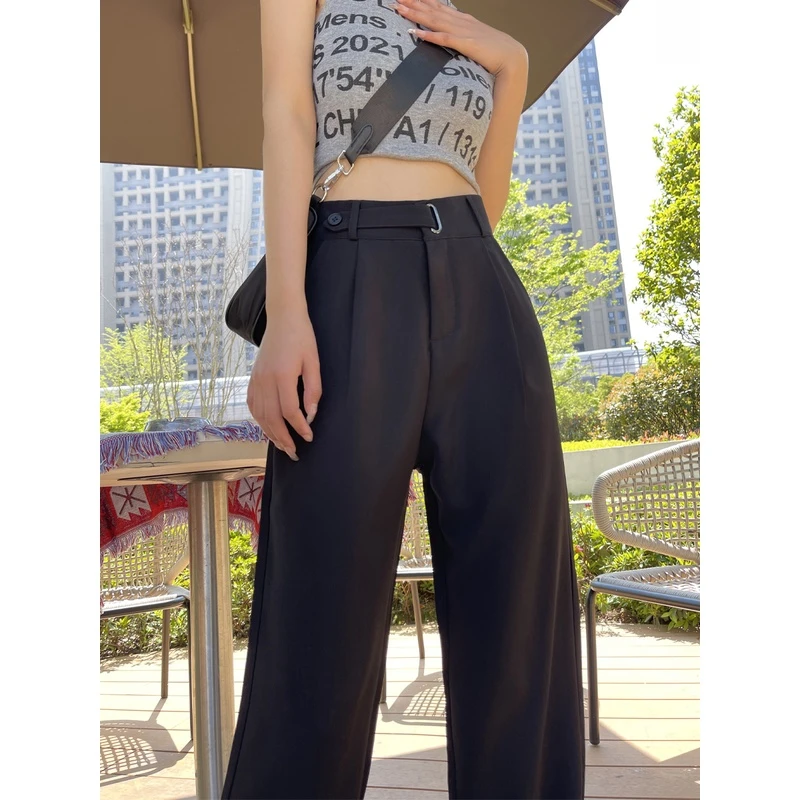 清仓处理）时尚潮流百搭春秋款黑色高腰西装裤窄版直筒腿拖地长裤