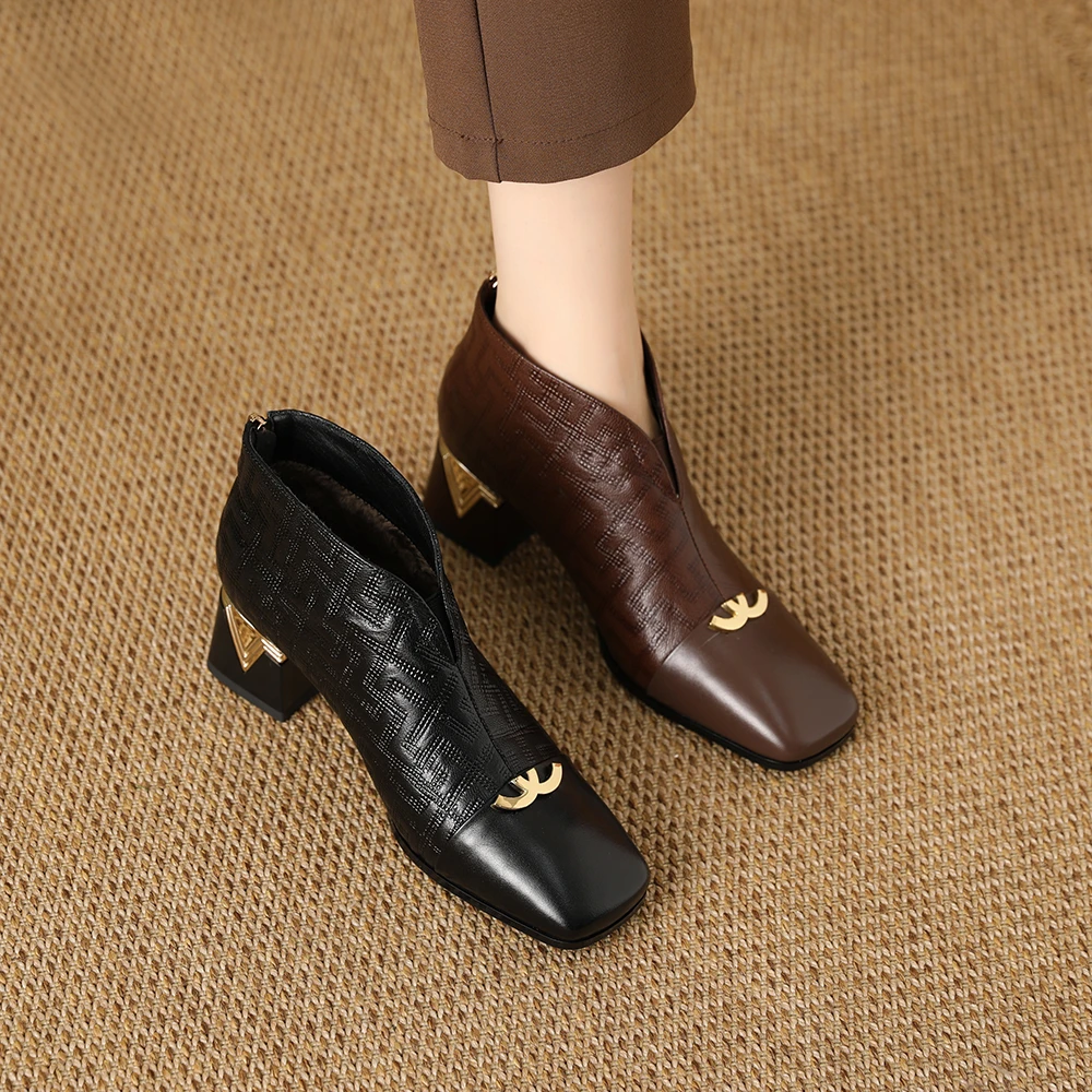 及踝靴女中跟春秋季方头真皮中年妈妈鞋时尚短靴法式1690B-11