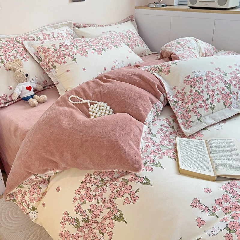 冬季加厚保暖牛奶绒四件套印花珊瑚绒双面加厚床单被套床上四件套