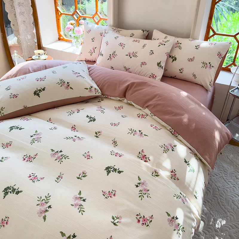 2023新款超柔提花有氧小竺棉四件套法式复古碎花四季款学生三件套