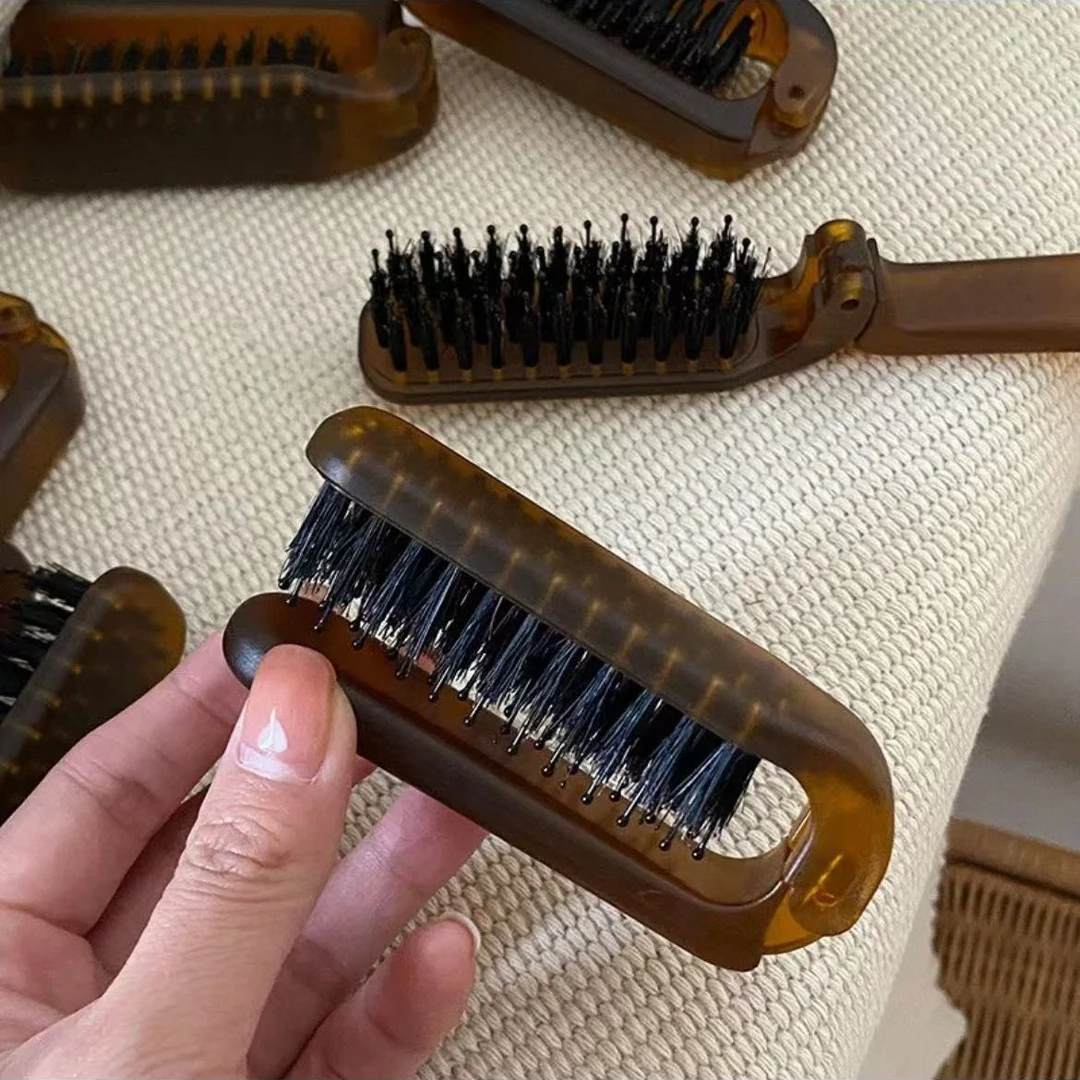 蜜蜡琥珀折叠式猪鬃毛梳子便携旅行直发卷发两用随身小梳子蓬松
