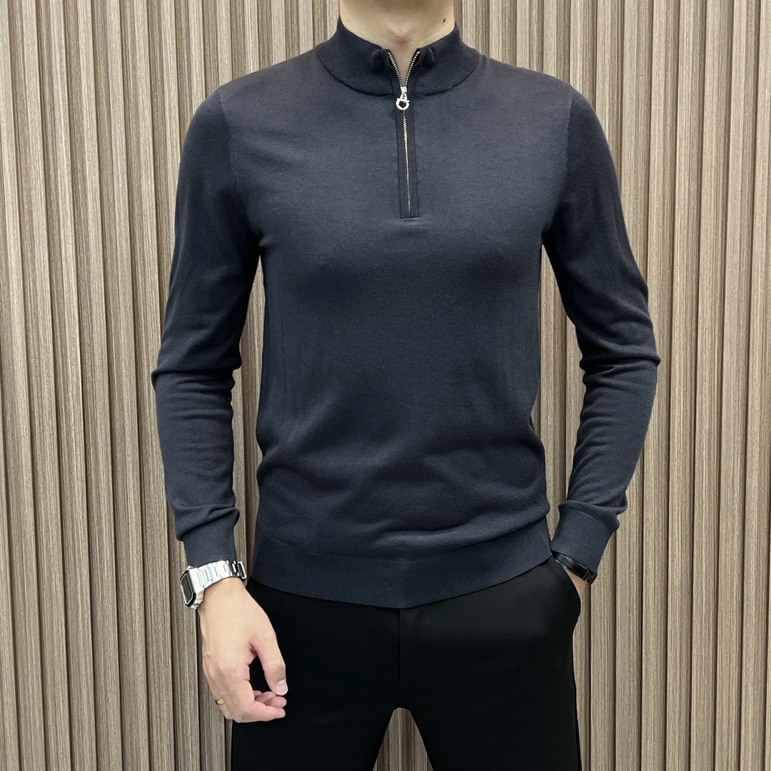 永墨亦秋季时尚男士毛衣立领拉链门襟修身休闲长袖加厚针织衫7711