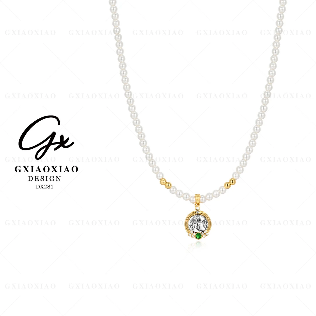 铜合金仿珍珠项链  GXX 气质复古高级感人像古币款项链 DX281