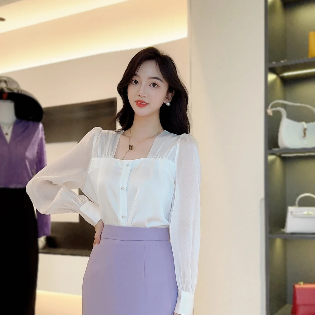 【断码捡漏】初秋新款方领拼纱法式气质优雅设计感泡泡袖上衣1726