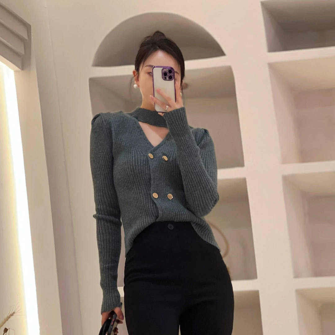 【V领挂脖毛衣】秋冬新款时尚镂空气质双排扣设计感V领别致开衫6003