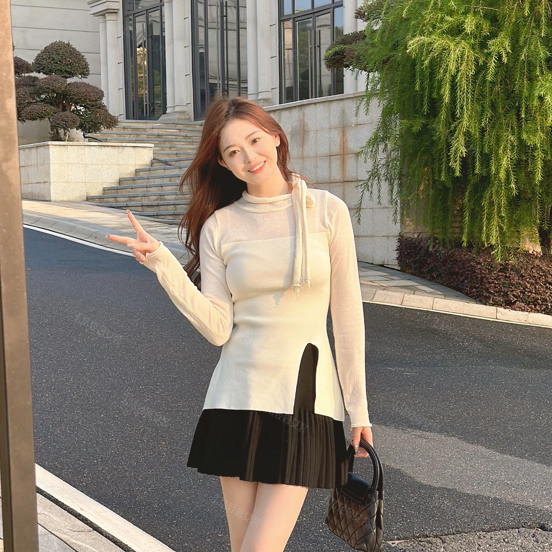 【年中大促】秋冬新款蝴蝶结修身显瘦开叉收腰打底衫蝴蝶结1896