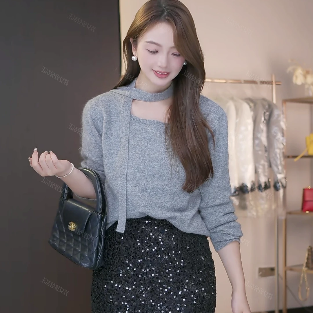 【方领带飘带毛衣】冬季新款轻奢温柔百搭纯色时尚显瘦方领上衣1911